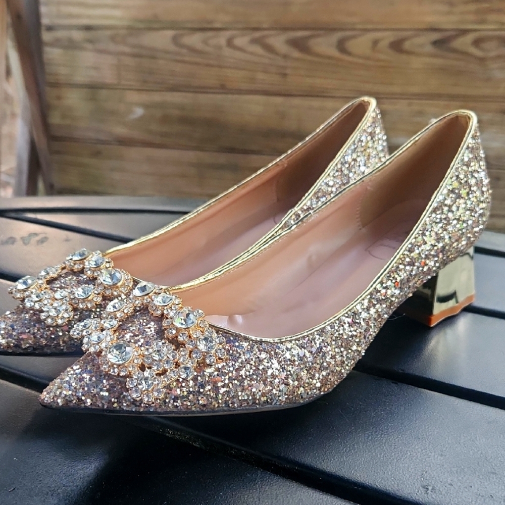 Annaili Wedding Formal Gold Sequin Square Toe Metallic Heels.